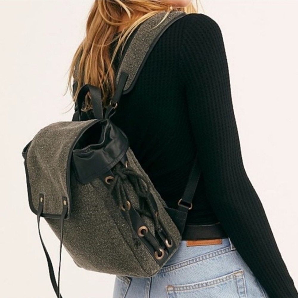 Free People Womens Lace Up Leather Trim Boho Slouchy Earthy Canvas Mini Backpack